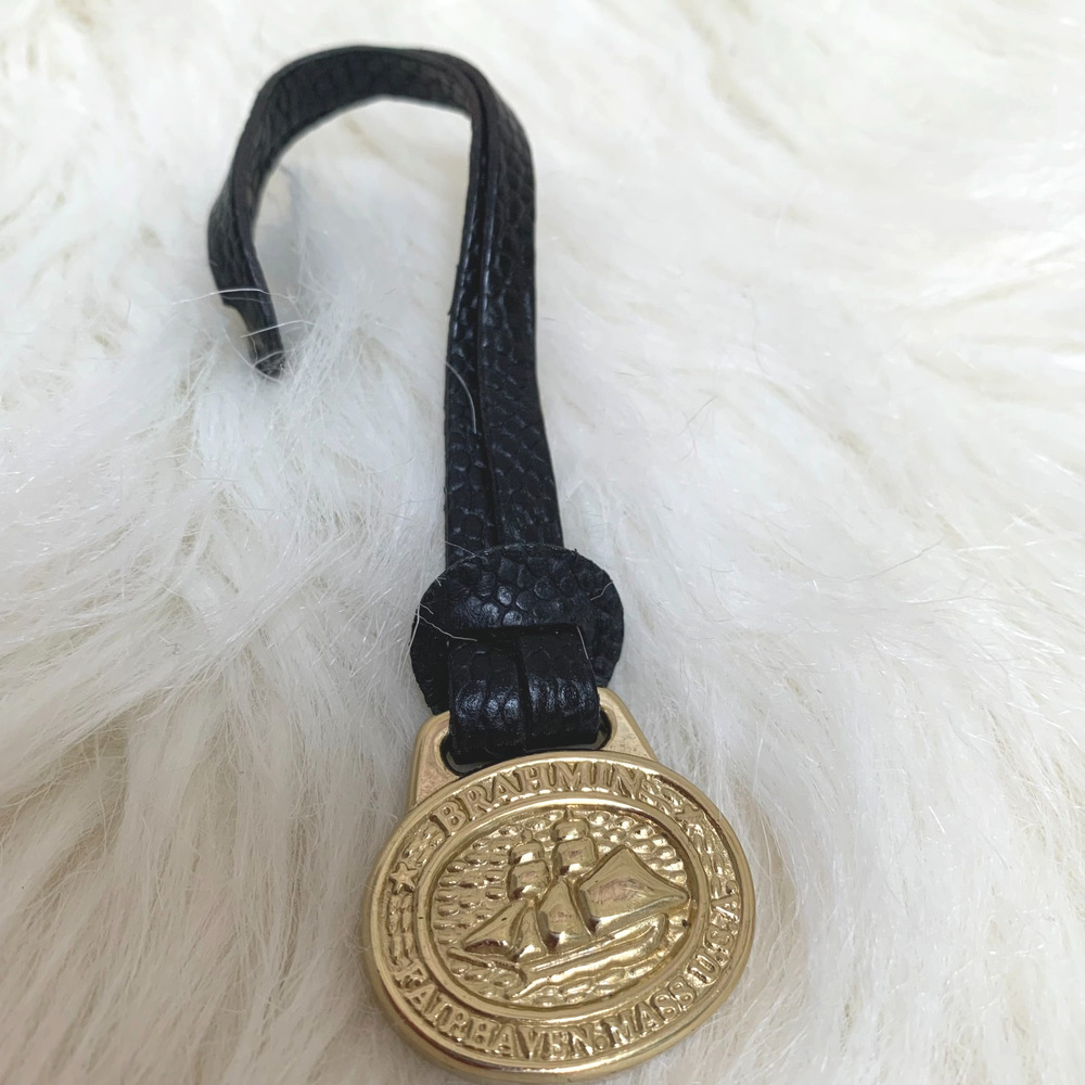 BRAHMIN Gold Brass w/Black Leather Signature Purse Charm Fob Hang Tag